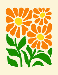 Poster - Abstract botanical poster with various blossom groovy flowers on a beige background. Naive art decor. Trendy hand drawn vector illustration