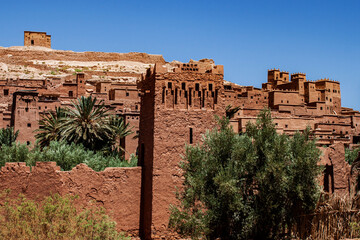 Ksar of Ait-Ben-Haddou, caravan route between the Sahara and Marrakech in Atlas Mountains, Ouarzazate Province, Morocco, Africa. Organic mud-built Berber village of merchants' houses known as kasbahs.