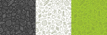 Food Pattern. Seamless Pattern Of Vegetables, Fruits And Berries In Outline Style, Vector Illustration. Collection