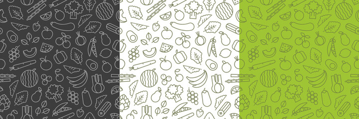food pattern. seamless pattern of vegetables, fruits and berries in outline style, vector illustrati