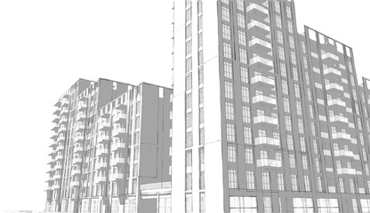 Poster - 3d illustration of a dense residential blocks. Housing units with balconies in high-rise building. Shops on the ground floor. Image in black and white colors with shadows. 