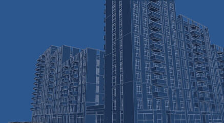 Poster - 3d illustration of a dense residential blocks. Housing units with balconies in high-rise building. Shops on the ground floor. Image in blueprint style. 