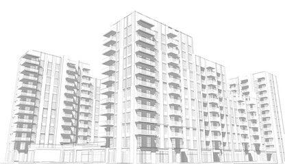 Poster - 3d illustration of a dense residential blocks. Housing units with balconies in high-rise building complex. Retail units on the ground floor. Image in black and white colors with shadows. 