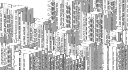 Poster - Partial 3d illustration drawing of a big residential complex. Closeup of a mass housing in a crowded neighborhood. Abstract monochrome image perspective with shadows.