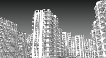 Poster - 3d illustration of a crowded residential complex in a city. Homes with balconies in high-rise blocks.  Mass housing in a crowded neighborhood. Monochrome facade perspective with dark background.