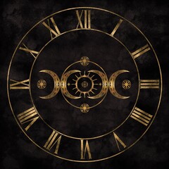 mystical design of a vintage roman numbered clock and solar eclipse in the middle. digital illustrat