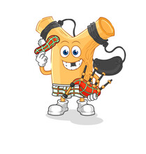 Slingshot Scottish With Bagpipes Vector. Cartoon Character
