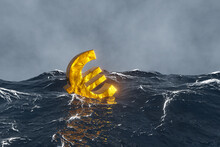 Golden Euro Sign Floating In The Fierce Ocean. Illustration Of The Concept Of Financial Fluctuation Of Euro Currency.