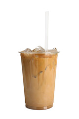 Wall Mural - Takeaway plastic cup with cold coffee drink and straw isolated on white