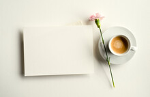 Blank White Invitation Template, Rectangle, Art Canvas Texture, Soft Shadows, Coffee And Flower, White Background, Canvas Texture, Photo Taken From Above