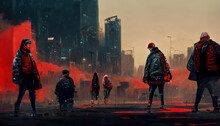 City Street Background With Silhouettes Of People In Jackets. Epic Dramatic Street Scene With People. 3D Illustration.