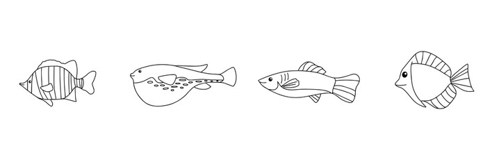 Fototapete - Seafood. Hand drawn sketch illustration of different fish. Seafood design elements. Seafood fish menu. Ink illustration. engraving fish isolated on white background