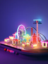 Fairground Amusement Park Filled With Rides And Attractions Lit Up With Neon Lights. 3D Illustration.