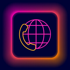 Poster - Glowing neon line Telephone 24 hours support icon isolated on black background. All-day customer support call-center. Full time call services. Colorful outline concept. Vector