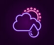 Glowing neon line Cloud with rain and sun icon isolated on black background. Rain cloud precipitation with rain drops. Colorful outline concept. Vector