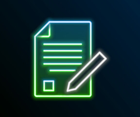 Sticker - Glowing neon line Exam sheet and pencil with eraser icon isolated on black background. Test paper, exam, or survey concept. School test or exam. Colorful outline concept. Vector