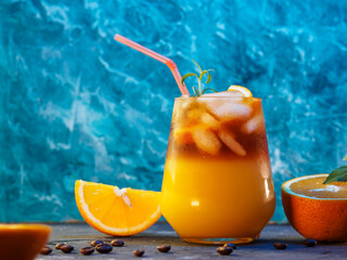 Wall Mural - cold bumble coffee. refreshing espresso coffee with orange juice and ice on a blue background. orang