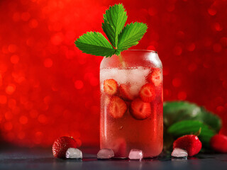 Wall Mural - strawberry cocktail with ice cubes. a refreshing summer drink. decorated with a sprig of strawberrie