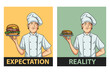 expectation versus reality. Chef cartoon character holding platter