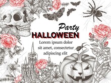 Vector Illustration Of Halloween Frame In Engraving Style. Graphic Skull, Carved Pumpkin, Flowers, Skeletal Hand, Moth, Tarantula Spider, Cobweb, Candles