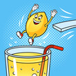 cartoon lemon diving into a glass of juice pop art retro vector illustration. Comic book style imitation.