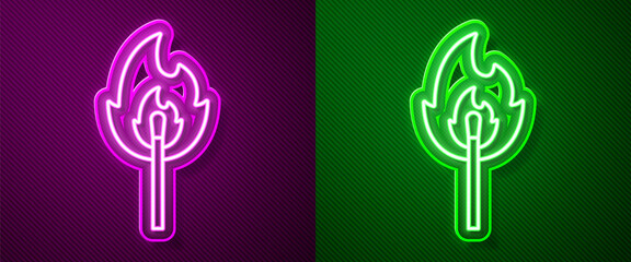 Sticker - Glowing neon line Burning match with fire icon isolated on purple and green background. Match with fire. Matches sign. Vector