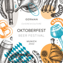 Oktoberfest Background. German Food And Drinks Menu Design. Vector Meat Dishes Sketches. German Cuisine Frame In Collage Style. Traditional Beer Festival Illustration In Sketched Style.