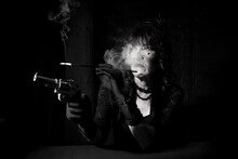 Smoking Woman With Gun Dramatic Portrait From Gangster Era
