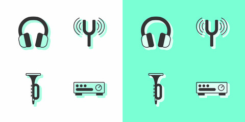 Sticker - Set Sound mixer controller, Headphones, Trumpet and Musical tuning fork icon. Vector