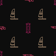 Poster - Set line Formula 1 racing car, Windsurfing and Longboard skateboard on seamless pattern. Vector