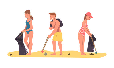 Sticker - People Character Collecting Trash and Gathering Garbage from Beach Vector Set