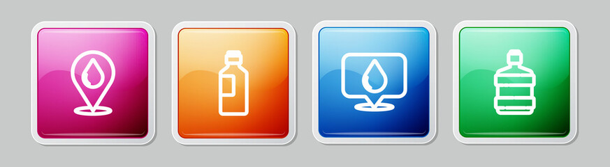 Canvas Print - Set line Water drop with location, Bottle of water, and Big bottle clean. Colorful square button. Vector