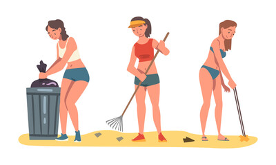 Poster - People Character Collecting Trash and Gathering Garbage from Beach Vector Set