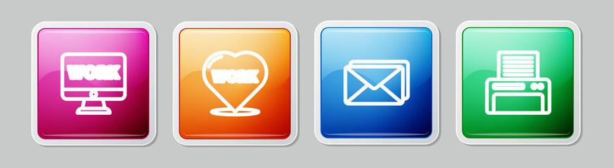 Poster - Set line Monitor with text work, Heart, Envelope and Printer. Colorful square button. Vector