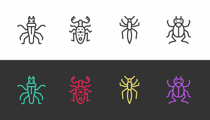 Poster - Set line Termite, Beetle deer, Spider and bug on black and white. Vector