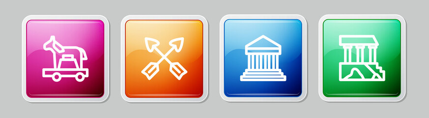 Sticker - Set line Trojan horse, Crossed arrows, Parthenon and . Colorful square button. Vector