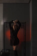 © NASTYA PALEHINA - young girl in black dress-jacket and over the knee boots is standing fashion with hands up on black hanger near loft wall background with red studio light. teen fashion. lifestyle concept, free space