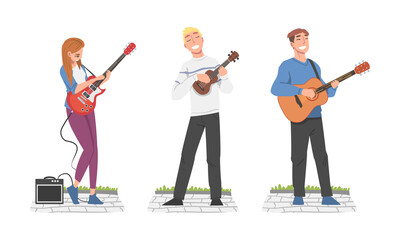 Poster - People Street Musician Character Playing Guitar and Singing Vector Set