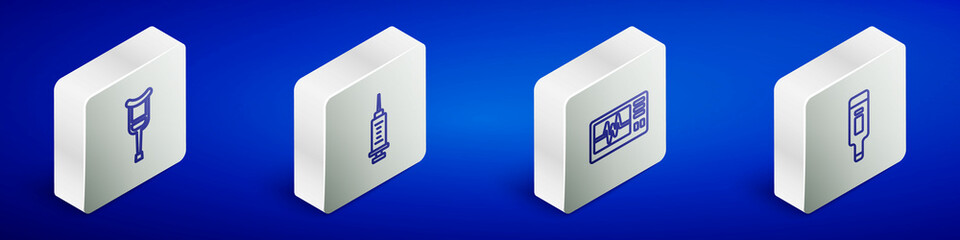 Sticker - Set Isometric line Crutch or crutches, Syringe, Monitor with cardiogram and Digital thermometer icon. Vector