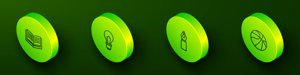 Sticker - Set Isometric line Open book, Light bulb with idea, Fountain nib and Basketball ball icon. Vector