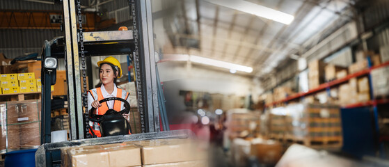 Wall Mural - Portrait of a woman working with a forklift in a warehouse.