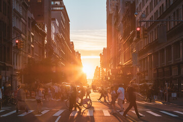 Wall Mural - Busy intersection with crowds of people walking across the intersection at 23rd Street and 5th Avenue in New York City with sunset light shining in background