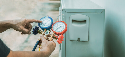 Heating and air conditioning HVAC service technicians use common gauges. Check refrigerant and add refrigerant to industrial air conditioners.