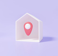 Fototapete - Minimal cartoon house red pin pointer and map location search GPS, navigation concept. room service, travel, website, on purple pastel background. 3d render illustration