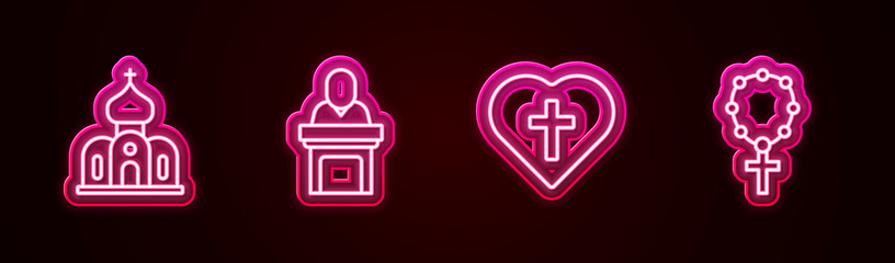 Sticker - Set line Church building, pastor preaching, Christian cross heart and Rosary beads religion. Glowing neon icon. Vector