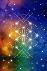 Flower of life sacred geometry spiritual new age futuristic illustration with transmutation interlocking circles, triangles and glowing particles in front of cosmic background