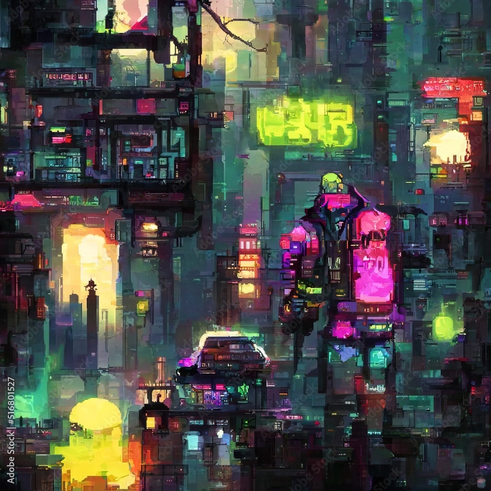 Cyberpunk neon city night. Futuristic city scene in a style of pixel ...