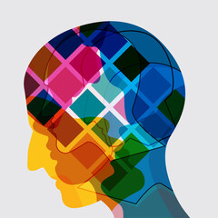 Wall Mural - Man profile head. Headache, schizophrenia, mental health concept. Vector Illustration.