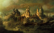fantasy digital art ,futuristic   landscape with ruined  city with small people in the forground , made with the help of ai .