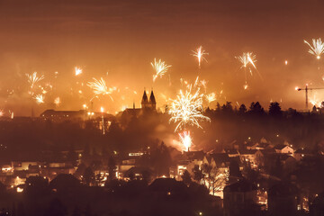 Wall Mural - Fireworks over the city at night